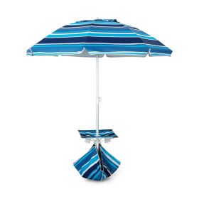 Outdoor Umbrellas Beach Umbrella with Cup Holder Table and Sandbag - Blue Strip - 6.5 Ft