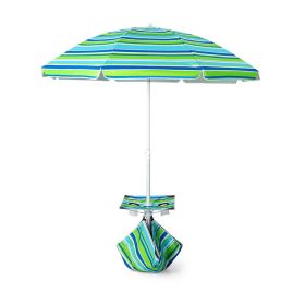 Outdoor Umbrellas Beach Umbrella with Cup Holder Table and Sandbag - Green Strip - 6.5 Ft