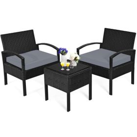 3 Pieces Outdoor Rattan Patio Conversation Set with Seat Cushions - Gray