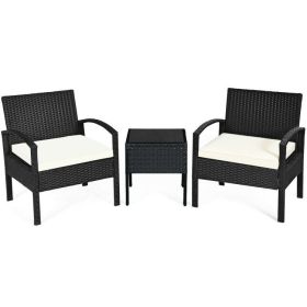 3 Pieces Outdoor Rattan Patio Conversation Set with Seat Cushions - White