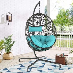 Hanging Egg Chair Outdoor Indoor Patio Swing Chair with UV Resistant Cushion Wicker Rattan Hammock Basket Chair with Stand (Turqoise) - Blue