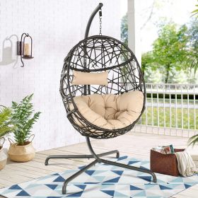 Hanging Egg Chair Outdoor Indoor Patio Swing Chair with UV Resistant Cushion Wicker Rattan Hammock Basket Chair with Stand (Turqoise) - Beige