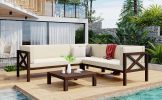 Outdoor Wood Patio Backyard 4-Piece Sectional Seating Group with Cushions and Table X-Back Sofa Set for Small Places - Beige